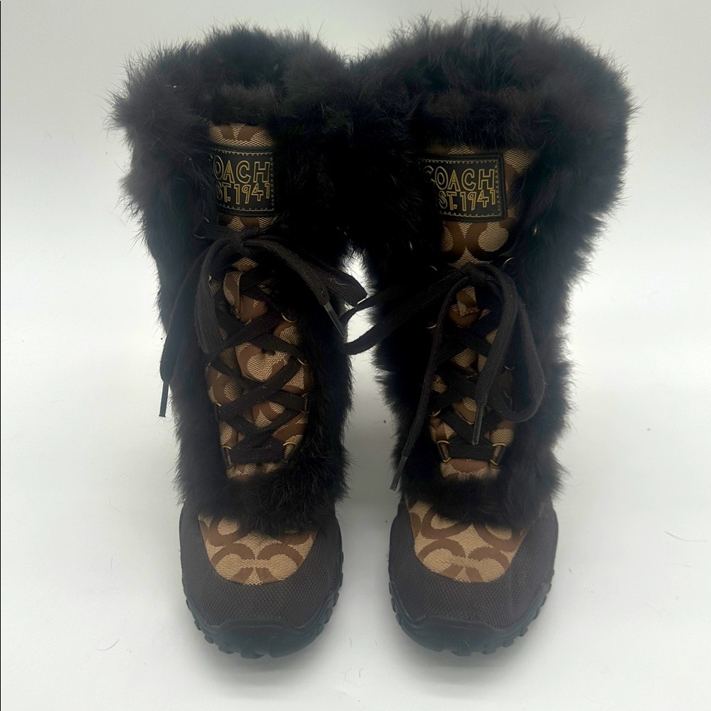 Coach Jennie Signature Fur Trim Lace Up Boots Monogram Khaki Q522 Womens 7.5 B - Picture 4 of 14